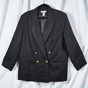 Stephanie Andrews Women Blazer 18W Black Linen Blend Double Breasted Gold Button